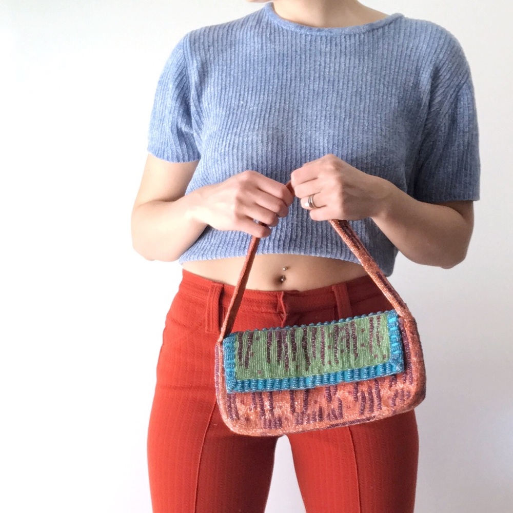 💥SOLD💥 Vintage Colorful Silk Beaded Baguette Bag